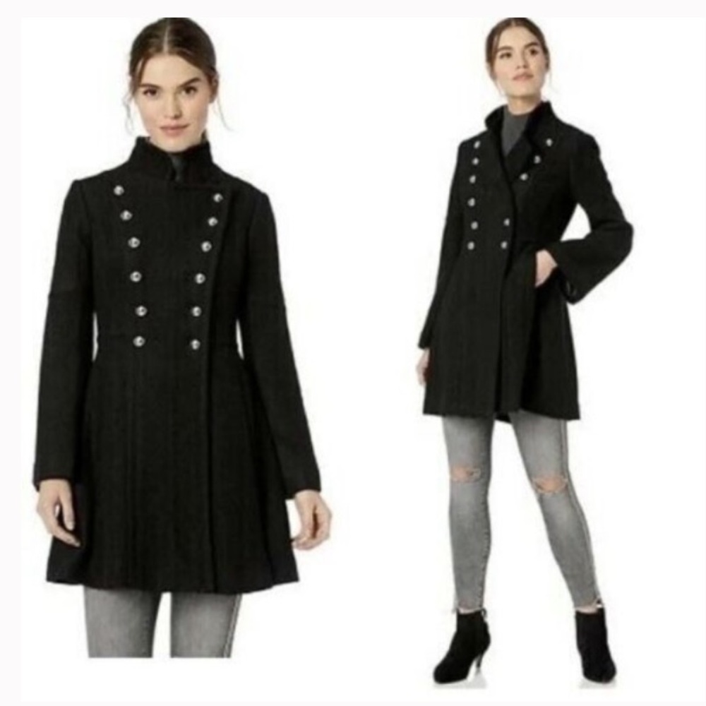 GUESS Black Double-Breasted Skirted Coat Peacoat Military Style Wool Ble…